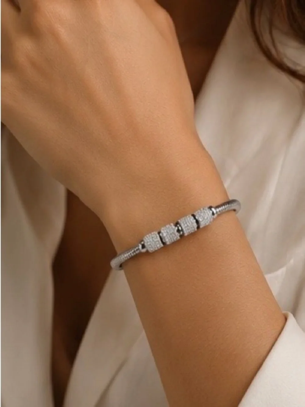Modern Silver Crystal Accent Bangle  Bracelet